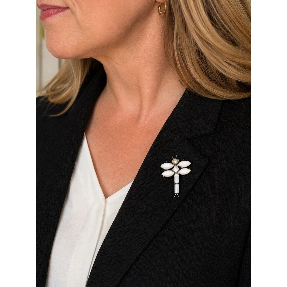 Vintage White Milk Glass Rhinestone Dragonfly Brooch AB‎ Crystal 2